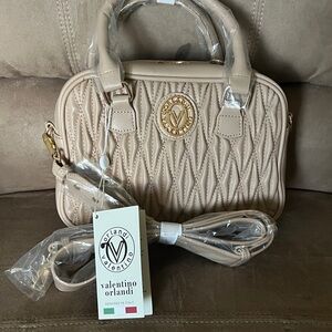 Valentino Orlandi Taupe Quilted Satchel Handbag w/ Gold Logo – New w/ Tags